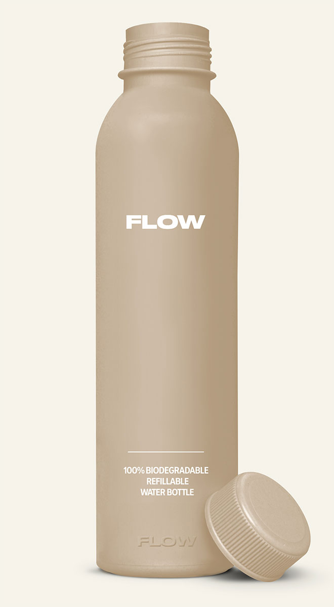 自然色 FLOW® 環保水壺開蓋展示，呈現植物來源材質的自然紋理。
