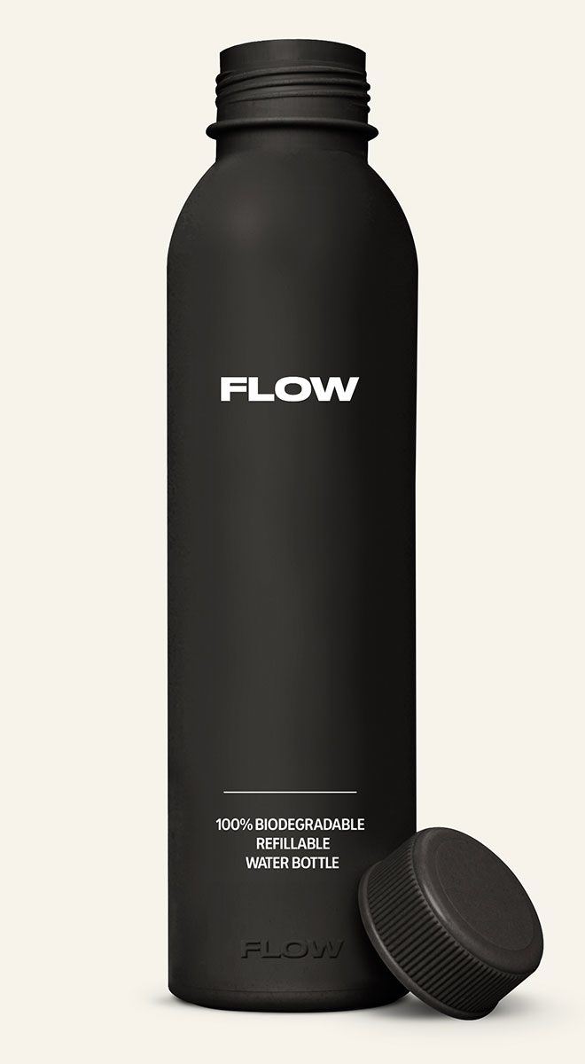 黑色 FLOW® 可分解環保水壺開蓋展示，展現俐落設計與功能性。