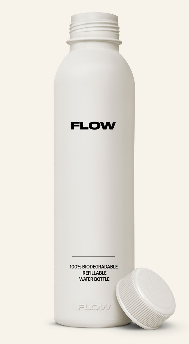 白色 FLOW® 環保水壺開蓋展示，可分解設計展現細節與質感。